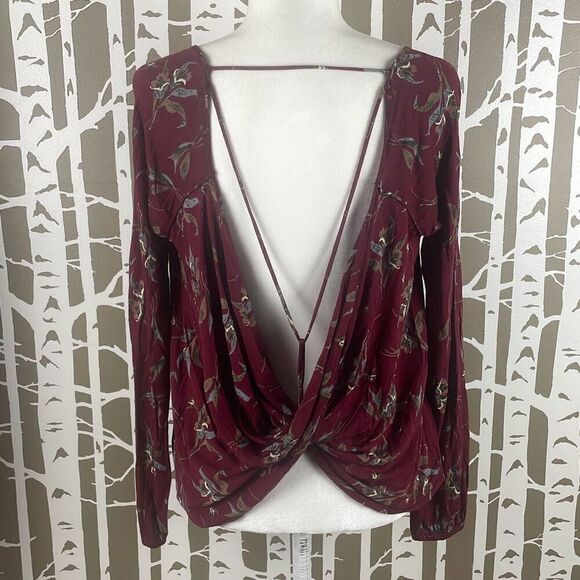 Free People Burgundy Floral Print Open Draped Back Long Sleeve Top S - Picture 1 of 10